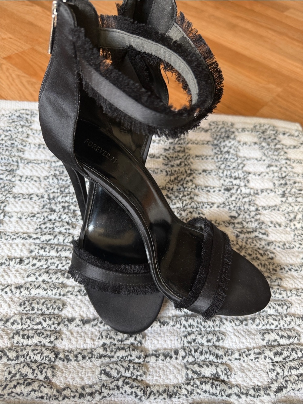 Forever 21 Black Fringe Ankle-Strap Heels with Pointed Toe